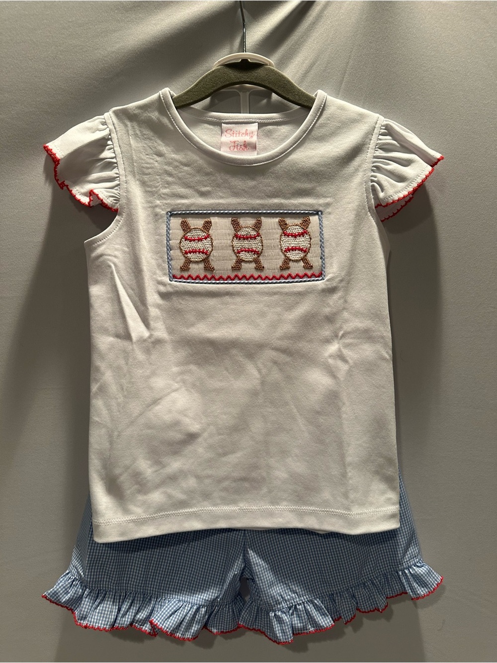 White Smocked Baseball Ruffled Tee and Matching Shorts